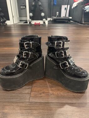 Demonia Black Patent Multi-Buckle Platform Boots Size 7